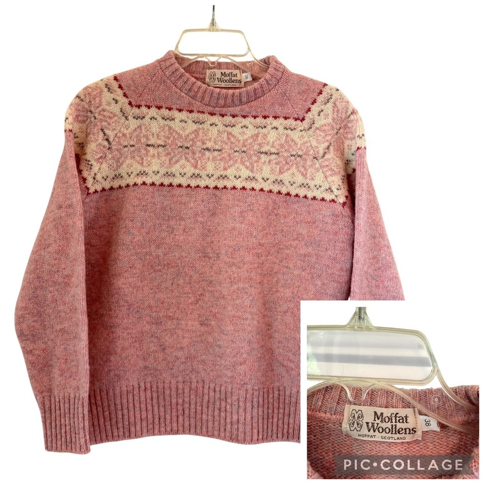 Moffat Woollens Scotland Pink Fair Isle Wool Sweater Womens Medium VTG UK READ